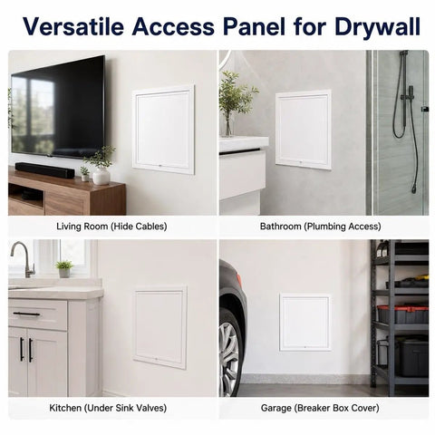 White Concealed Drywall Access Panel 29X32 With No Sweat Toolless Install For Quick Plumbing And Electrical Upkeep shown in various room settings.