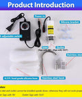 Compact Electric Water Transfer Pump Comes With 110V Cord And Slick Food Grade Tubing For No Sweat Liquid Moving Adjustable Speed Controls Delivers Up To 2 Liters Per Minute Straight Up Easy Hookup For Tank Draining showing pump parts and accessories.
