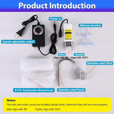 Compact Electric Water Transfer Pump Comes With 110V Cord And Slick Food Grade Tubing For No Sweat Liquid Moving Adjustable Speed Controls Delivers Up To 2 Liters Per Minute Straight Up Easy Hookup For Tank Draining showing pump parts and accessories.