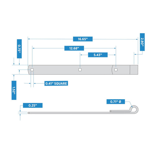 Heavy Duty 16 Inch Gate Hinge Strap Made From Steel With Zinc Plated Weather Guard Coating For Outdoor Fence And Wood Gate Applications Pre Punched For Three Eighths Inch Bolts Built To Stand Up To Weather And Everyday Use, dimension drawing