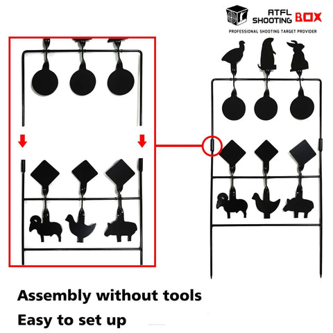 Auto Reset Animal Silhouette Target For Airgun And BB Gun Practice With Heavy Metal Spinner setup guide shown.