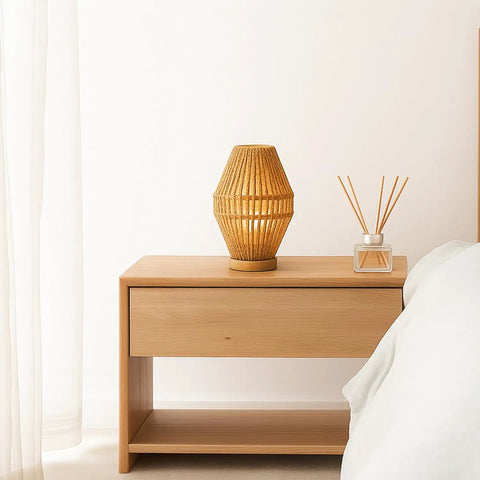 Boho Table Lamps For Bedroom And Living Room With Natural Woven Basket Lanterns And Paper String Shades Compact Size For Nightstands End Tables And Sofa Tables Create Cozy Vibe Lighting With Warm Soft Light And Textured Rattan Finish