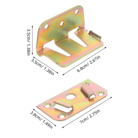 Premium Iron U Shaped Bed Rail Fasteners Six Piece Heavy Duty Frame Connectors showing dimensions and metal finish.