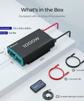 Beefy 1000 Watt Pure Sine Wave Car Power Inverter 12V DC To 120V AC Converter with remote and cables, dimensions shown