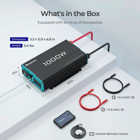 Beefy 1000 Watt Pure Sine Wave Car Power Inverter 12V DC To 120V AC Converter with remote and cables, dimensions shown