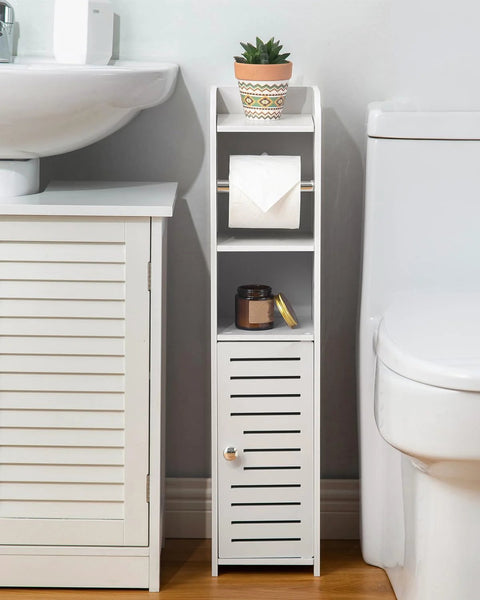 Toilet Paper Holder Stand No Drill PVC Portable For Small Bathrooms In Apartments And Rentals next to toilet