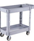 Beefy Heavy Duty Utility Cart With Two Tier Shelves 550 Lbs Capacity Heavy Plastic Rolling Cart With 360 Degree Swivel Wheels And Two Brakes Tool Storage Tray For Garage Workshop And Warehouse, gray plastic two-tier cart