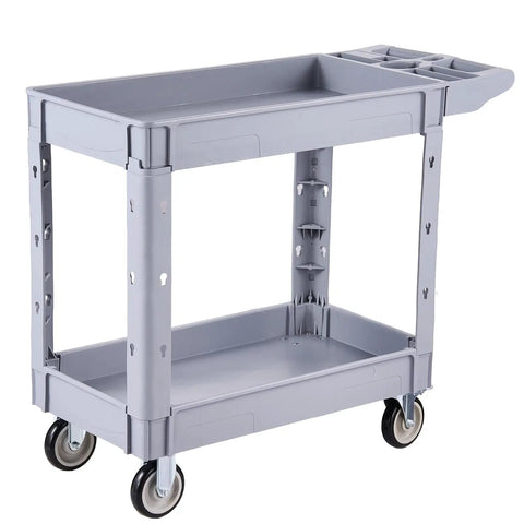 Beefy Heavy Duty Utility Cart With Two Tier Shelves 550 Lbs Capacity Heavy Plastic Rolling Cart With 360 Degree Swivel Wheels And Two Brakes Tool Storage Tray For Garage Workshop And Warehouse, gray plastic two-tier cart