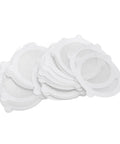 Saluaqui 50pcs Mesh Shower Drain Stickers 12cm Hair Catcher, white mesh stickers stacked for hair and debris trapping.