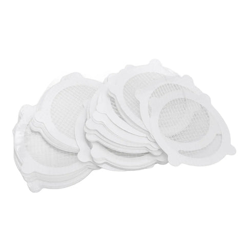 Saluaqui 50pcs Mesh Shower Drain Stickers 12cm Hair Catcher, white mesh stickers stacked for hair and debris trapping.