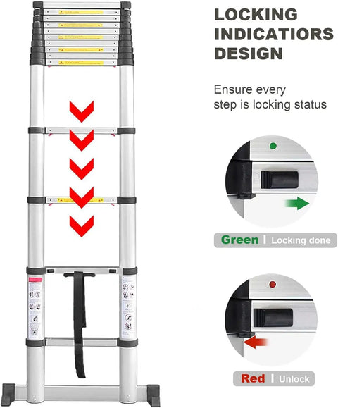 Image showing safety locking indicators on 15.5 Foot Aluminum Telescoping Extension Ladder With Stabilizer Bar One Button Retraction Soft Close And Pinch Free 330 Pound Capacity EN131 Certified Ideal For RVs And Home Maintenance.