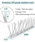 Diagram of Stainless Steel Bird Spikes Deterrent Strips with measurements, including 9.84" length and 4.1 feet coverage description.