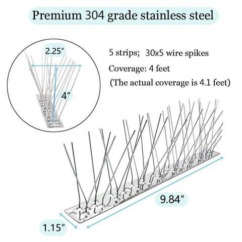 Diagram of Stainless Steel Bird Spikes Deterrent Strips with measurements, including 9.84" length and 4.1 feet coverage description.