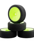 Pro Grade Foam Tire Wheel Rim Set For 1/10 On Road RC Cars, 12mm Hex, Race Ready Slick Profile, Low Rolling Resistance, Green Rims