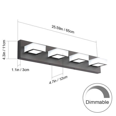 Black Sleek Dimmable LED Vanity Light With Four Lights Modern Stainless Steel And Acrylic Rotatable 360 Degree Wall Fixture Sizing Diagram