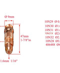 TIG Collet Bodies 10N Series Kit With Alumina Ceramic Cups, detailed view of copper collet body with dimensions and sizes