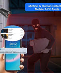 16 Channel 5MP And 1080P Hybrid Security DVR with mobile app alerts displayed on smartphone in burglary scene.
