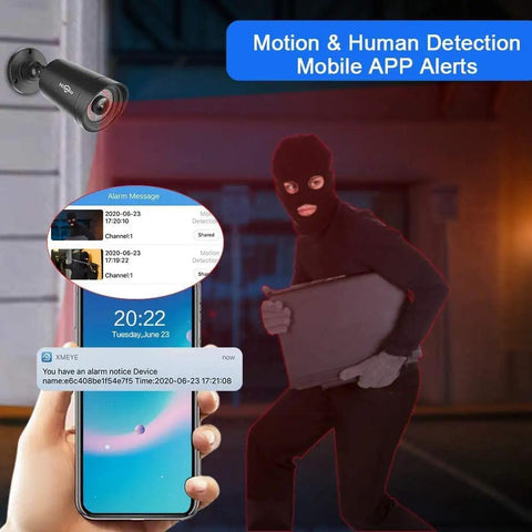 16 Channel 5MP And 1080P Hybrid Security DVR with mobile app alerts displayed on smartphone in burglary scene.