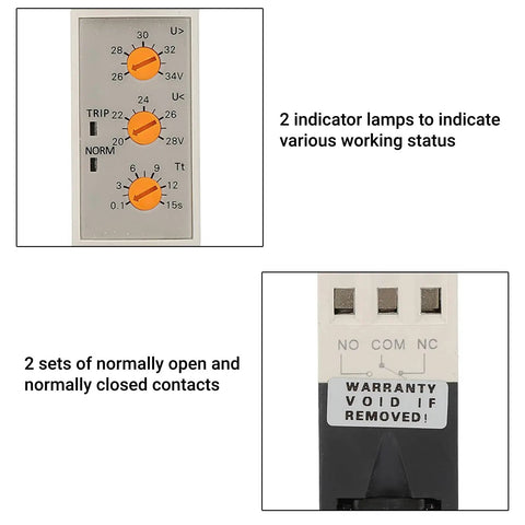 Voltage Monitoring Relay With Adjustable Over And Under Voltage Protection Delay Timer 35mm DIN Rail Mount DC 24V for Solar Setups, showing indicator lights and contacts.