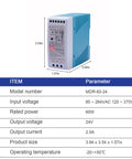 Straight Up Heavy Duty AC DC Din Rail Power Supply 60 Watt 24 Volt Built Tough For CCTV Security Cameras Access Control And Alarm Systems With Reliable Knockout Performance, side view showing input and output specifications.