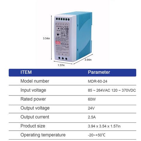Straight Up Heavy Duty AC DC Din Rail Power Supply 60 Watt 24 Volt Built Tough For CCTV Security Cameras Access Control And Alarm Systems With Reliable Knockout Performance, side view showing input and output specifications.