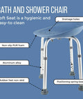 Height Adjustable Bath And Shower Chair For Seniors With Ergonomic PUR Foam Seat Non Slip Feet Sturdy Shower Stool