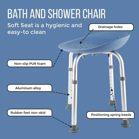 Height Adjustable Bath And Shower Chair For Seniors With Ergonomic PUR Foam Seat Non Slip Feet Sturdy Shower Stool