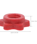 Red plastic anti skid barbell self locking nut from four pack for home gym and weight lifting accessories, dimensions shown