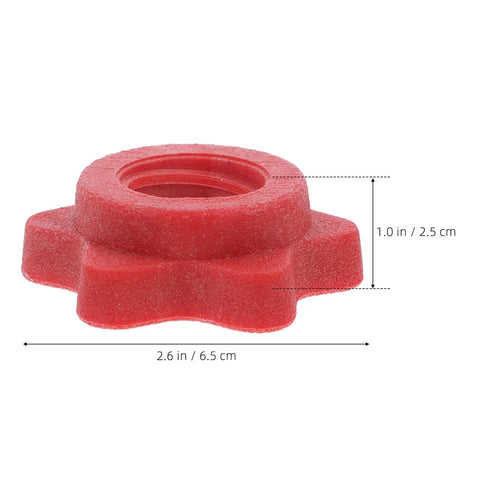 Red plastic anti skid barbell self locking nut from four pack for home gym and weight lifting accessories, dimensions shown