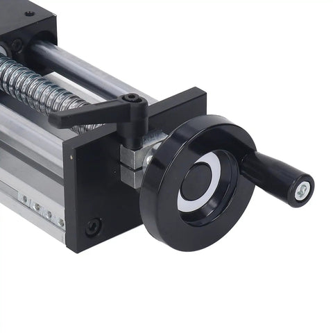Close-up of handwheel on Rock Solid 200mm Stroke Manual Ball Screw Linear Actuator With Rail Guide Slide for precision motion.