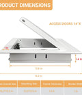 Product dimensions of Heavy Duty Drywall Access Panel 14 By 14 Inch Wall Hole Cover White Galvanized Steel with open latch.