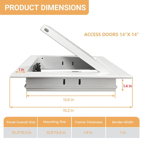 Product dimensions of Heavy Duty Drywall Access Panel 14 By 14 Inch Wall Hole Cover White Galvanized Steel with open latch.