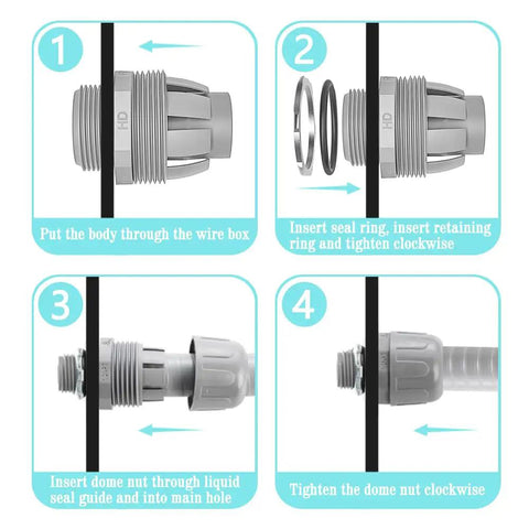 Installation guide with numbered steps for 16 Pack 3/4 Inch Liquid Tight PVC Connector Fittings NPT Non Metallic Nylon 6 Electrical Conduit UL Listed.