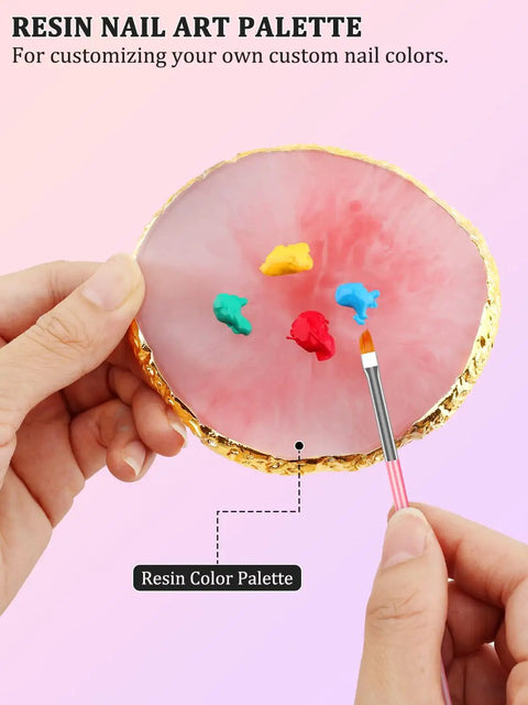 Hands using resin nail art palette with brush for custom colors in Magnetic Nail Stand Kit With Nano Tape Pro Nail Art Brushes Dotting And Sculpting Tools French Tip Liner Brushes Resin Nail Palette Perfect Set For Nail Techs And DIY Nail Addicts