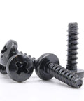 Straight Up Replacement Screws M4 X 14 Millimeter For Television Stand Mounting Hardware Compatible With Samsung TV Legs angled view of black screws with self-tapping heads.