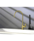 Royale Single Handle Water Filtration Faucet in Brushed Brass Finish, solid brass, deck-mounted over white sink