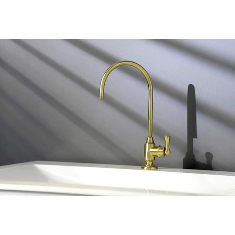 Royale Single Handle Water Filtration Faucet in Brushed Brass Finish, solid brass, deck-mounted over white sink