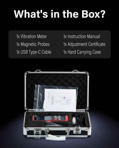 Digital Vibration Meter For Motors And HVAC Systems Pro Grade Vibration Analysis Tool Measuring Acceleration Velocity Displacement Frequency And Temperature With Wide Range Piezo Accelerometer Ideal For Engines Generators Pumps in hard case with manual, probes, and USB-C cable
