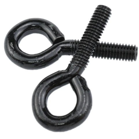 Heavy Duty Black Carbon Steel Eye Bolts Set Of 12 With Nuts And Washers One Quarter Inch By One Inch, close-up view