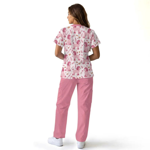 Woman wearing Hot Pink Scrubs Tops And Pants Set For Women Perfect For Nurses Veterinary Techs Dental Hygienists And Pet Groomers