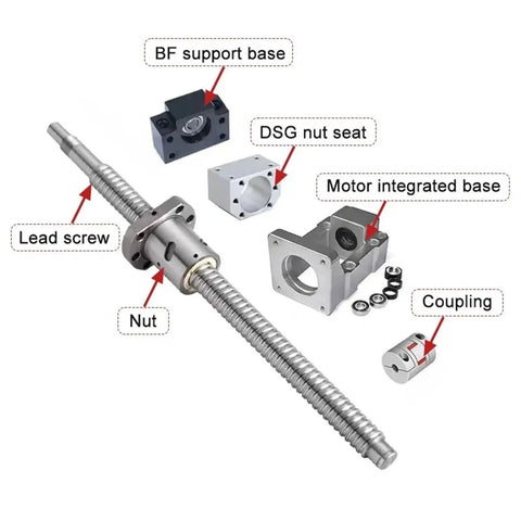 SFU2010 Ball Screw Nut Kit For CNC Engravers 2000mm showing lead screw, nut, coupling, and support bases.