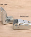 Heavy Duty Folding Table Leg Hinges Dead Nuts Locking Extension Brackets Built Tough For Diy Woodworking Kitchen Tables Space Saving Hidden Metal Hardware Set Of Four Silver in open and closed states.