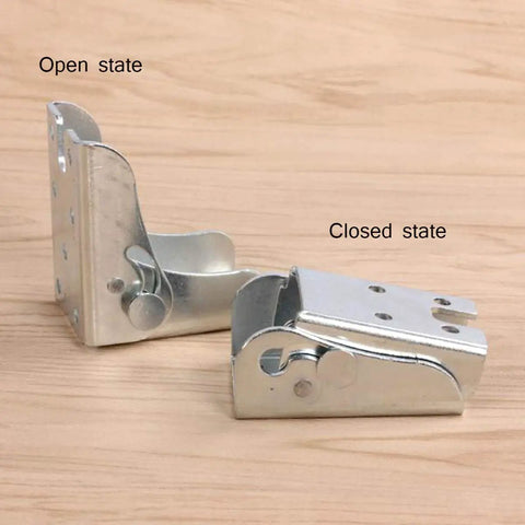 Heavy Duty Folding Table Leg Hinges Dead Nuts Locking Extension Brackets Built Tough For Diy Woodworking Kitchen Tables Space Saving Hidden Metal Hardware Set Of Four Silver in open and closed states.