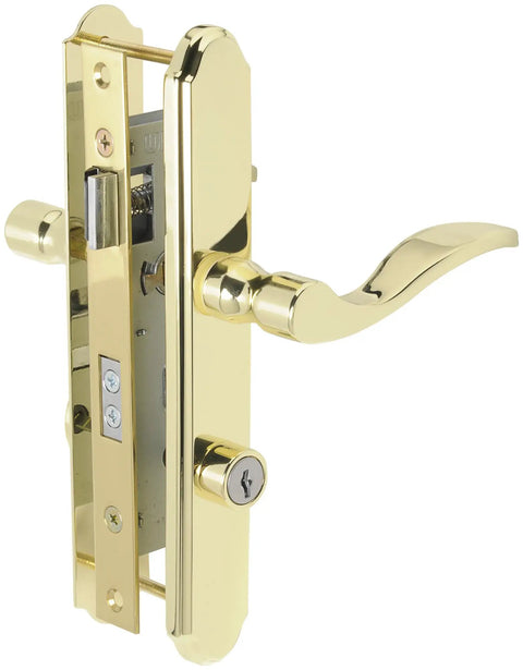 Serenade Mortise Keyed Lever Lock Set With Deadbolt For Screen And Storm Doors Polished Brass Non Handed Fits Out Swing Metal And Wood Doors One And One Eighth To Two Inches Thick With Two Keys