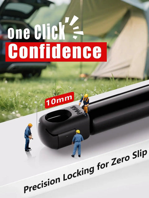 Close-up of a black gas strut with 10mm precision lock, surrounded by mini figurines and outdoor camping background.