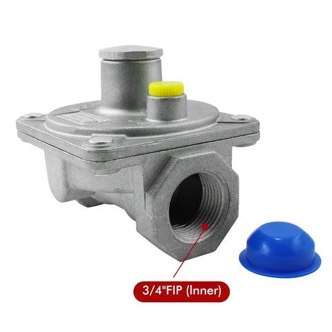 Natural gas pressure regulator with 3/4 inch female NPT threads delivers stable outlet pressure from 4 to 10 inches water column