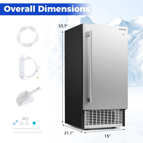 15 Inch Under Counter Commercial Ice Maker Produces 110 Lbs Of Ice Daily With 25 Lb Storage Capacity Sleek Silver And Black Finish overall dimensions image with included accessories.