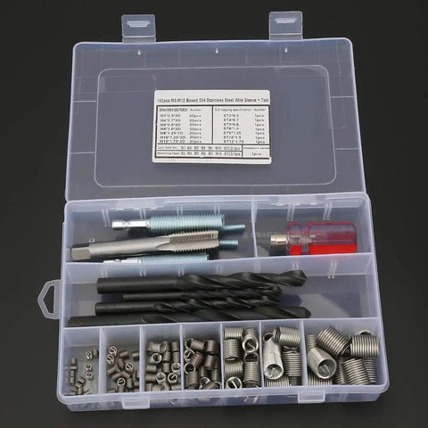 Heavy Duty Stainless Steel Thread Repair Kit With Tap Drill Tool Kick Ass Helicoil Wire Inserts For Stripped Auto Engine Blocks in organized case.