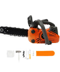 12 Inch Top Handle Gas Chainsaw With Quick Start 25.4cc 2 Stroke Petrol Power for pro tree cutting, with accessories displayed.