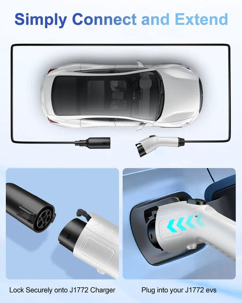 Heavy Duty J1772 Extension Cable 21 Feet Long EV Charger Cord connected to electric car charging port securely.